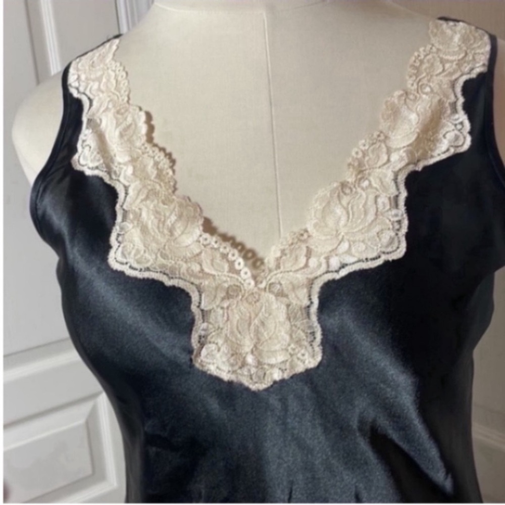 Vintage Inner Most Slip Dress Mini Black Cream Satin Lace V-Neck Dance Party  L - Picture 12 of 17
